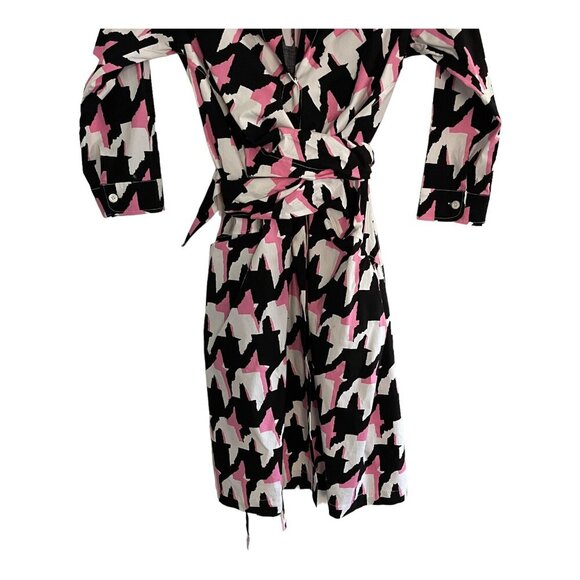 Samantha Sung Pink Black Houndstooth Print Shirt Dress Wrap Belt Pockets Size S - Picture 11 of 11